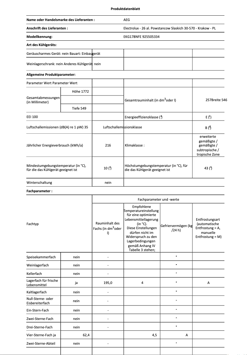 Page n°1 - Fiche technique AEG EKG178NFE