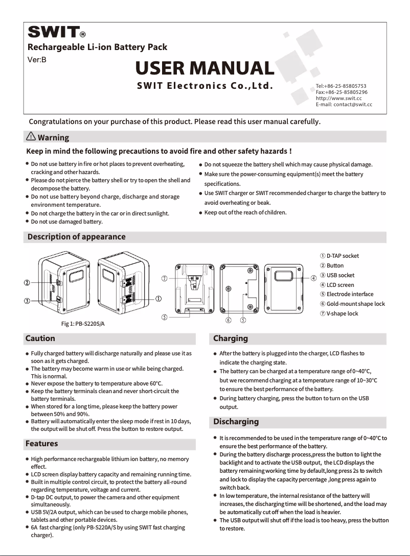 Page 1 de la notice Manuel utilisateur SWIT PB-S220A