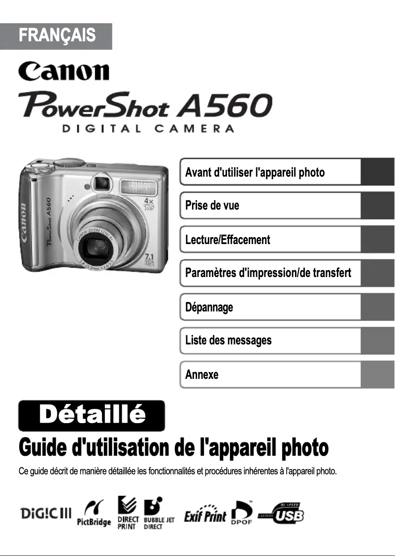 Page 1 de la notice Manuel utilisateur Canon PowerShot A560