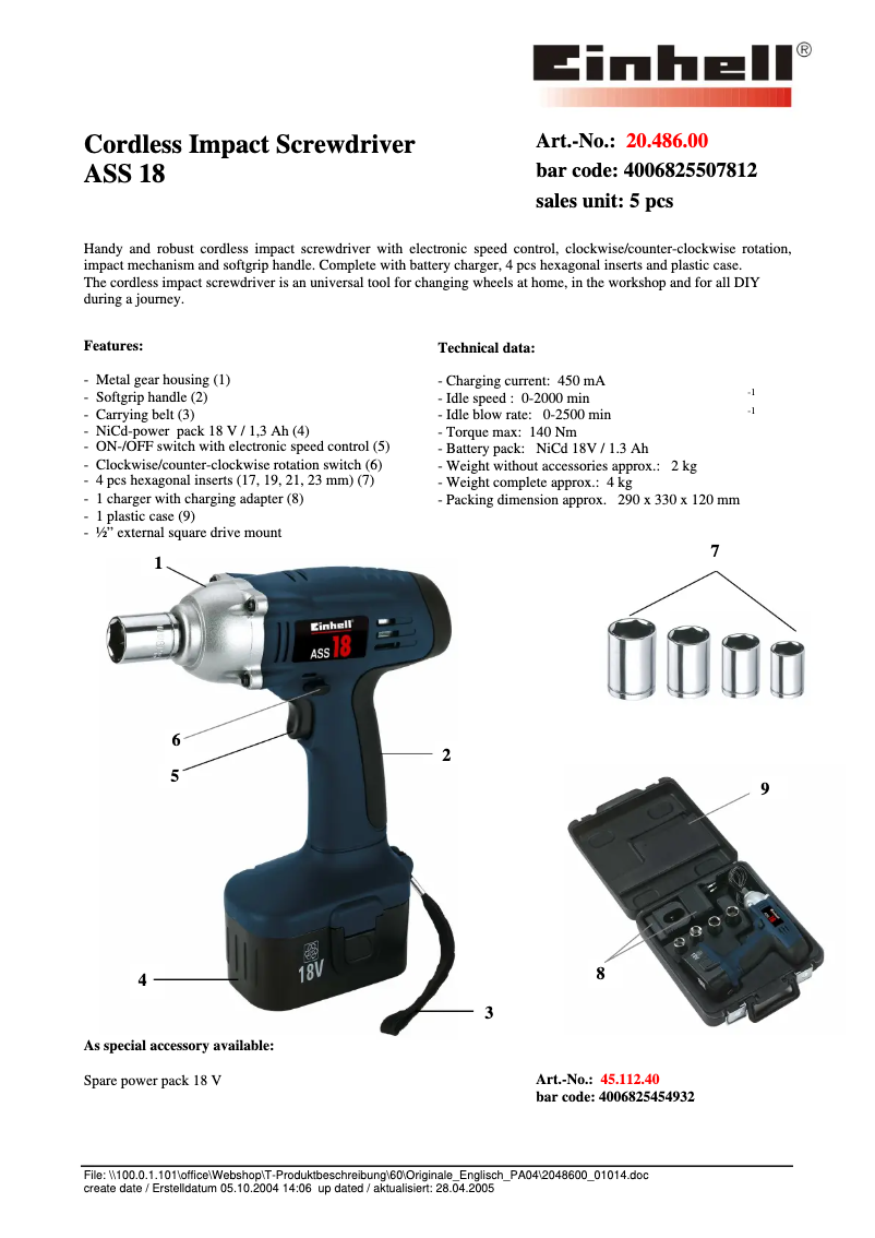 Página 1 del manual Ficha técnica Einhell ASS 18