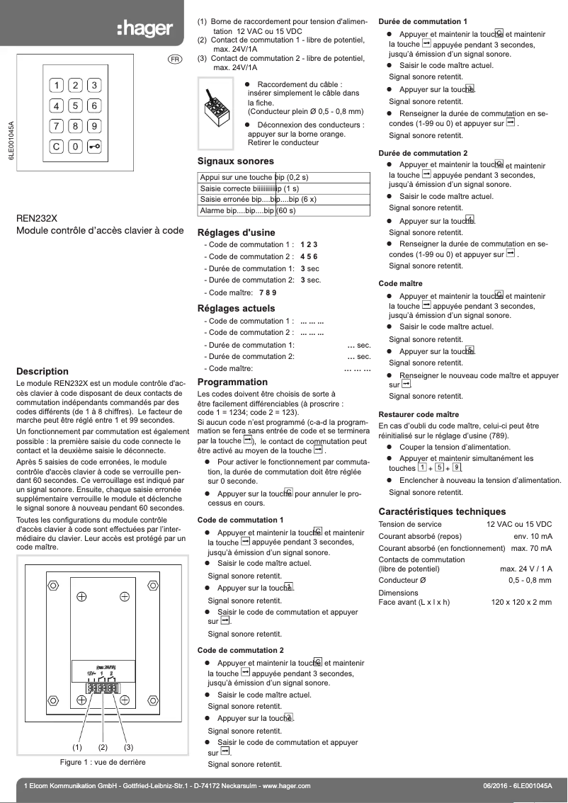 Page 1 de la notice Manuel utilisateur Hager REN232X