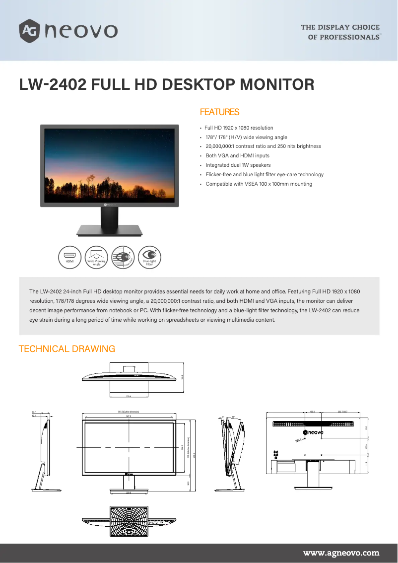 Page 1 de la notice Fiche technique AG Neovo LW-2402