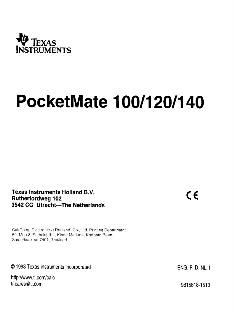 Page 1 de la notice Manuel utilisateur Texas Instruments PocketMate 120