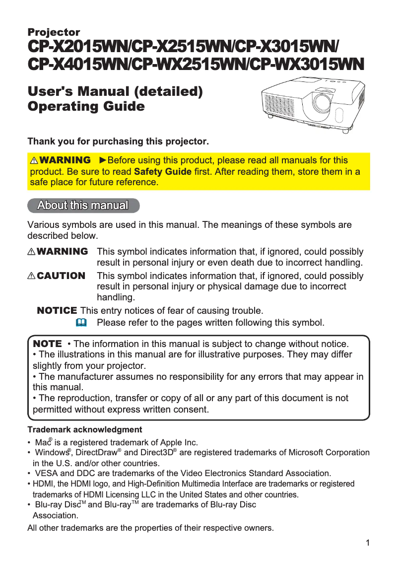 Page 1 de la notice Manuel utilisateur Hitachi CP-WX2515WN