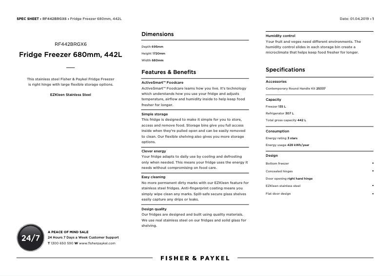 Page 1 de la notice Fiche technique Fisher & Paykel RF442BRGX6