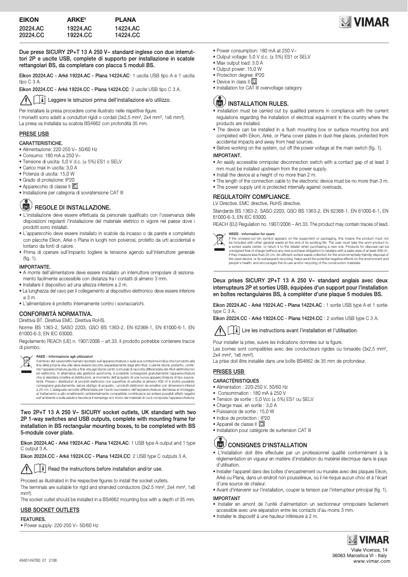Page n°1 - Manuel utilisateur Vimar 19224.CC.B