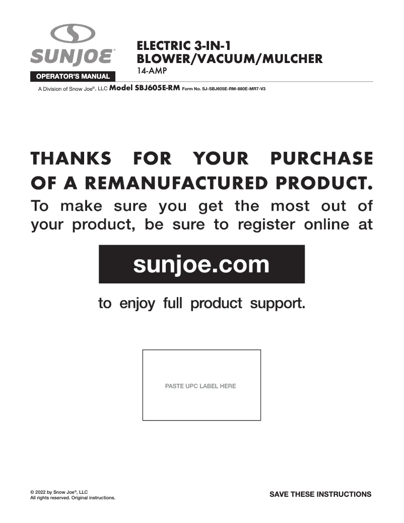 Page n°1 - Manuel utilisateur Sun Joe SBJ605E-RM