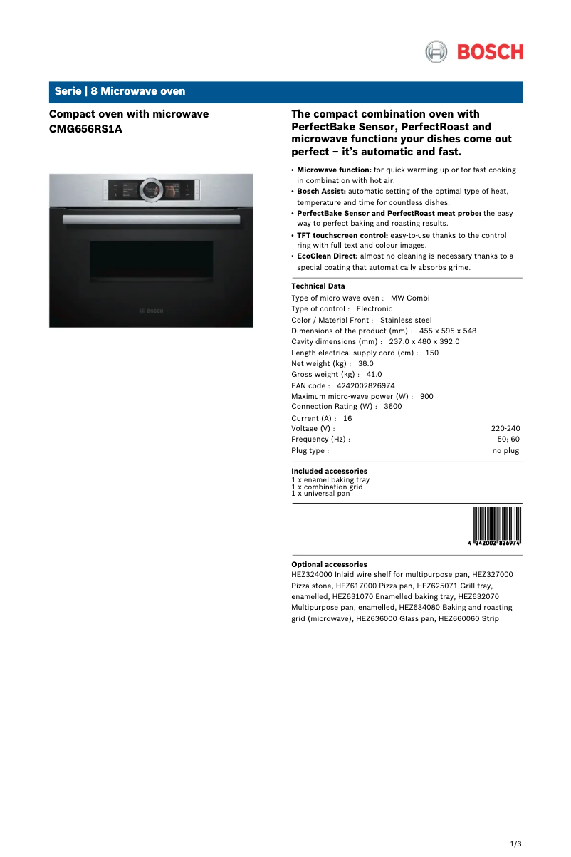 Page 1 de la notice Fiche technique Bosch CMG656RS1A