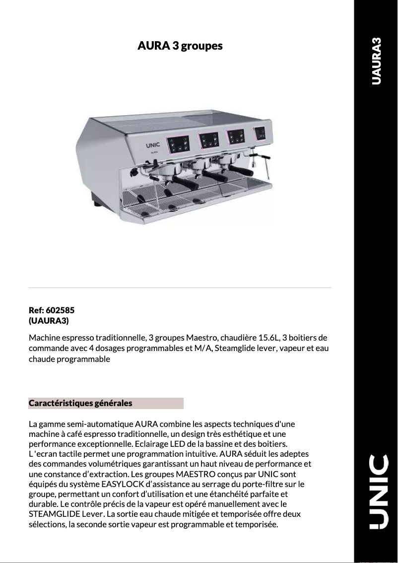 Page 1 de la notice Fiche technique UNIC Aura 3