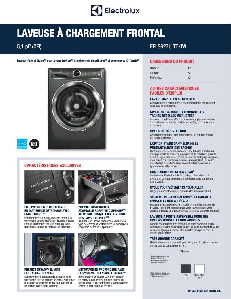 Page 1 de la notice Fiche technique Electrolux EFLS627UIW