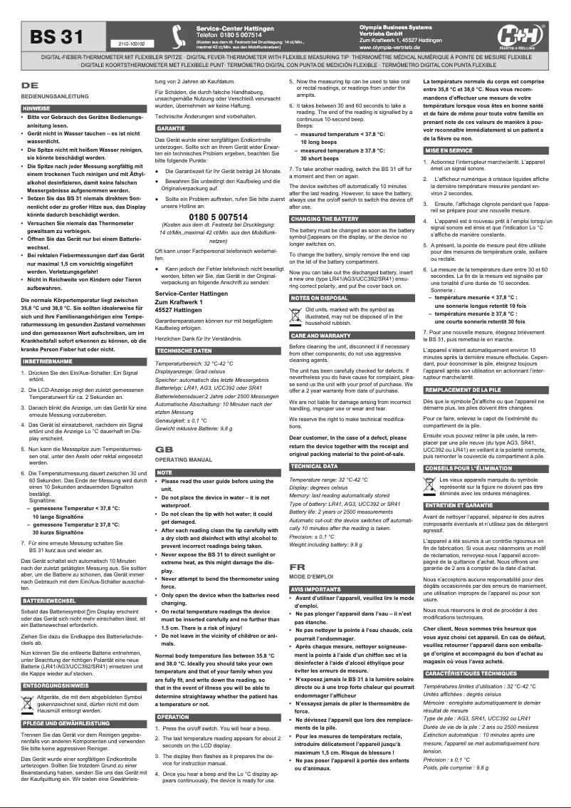 Page n°1 - Manuel utilisateur Olympia BS 31