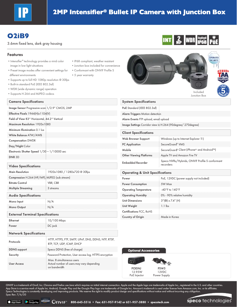 Page 1 de la notice Fiche technique Speco Technologies Intensifier O2IB9
