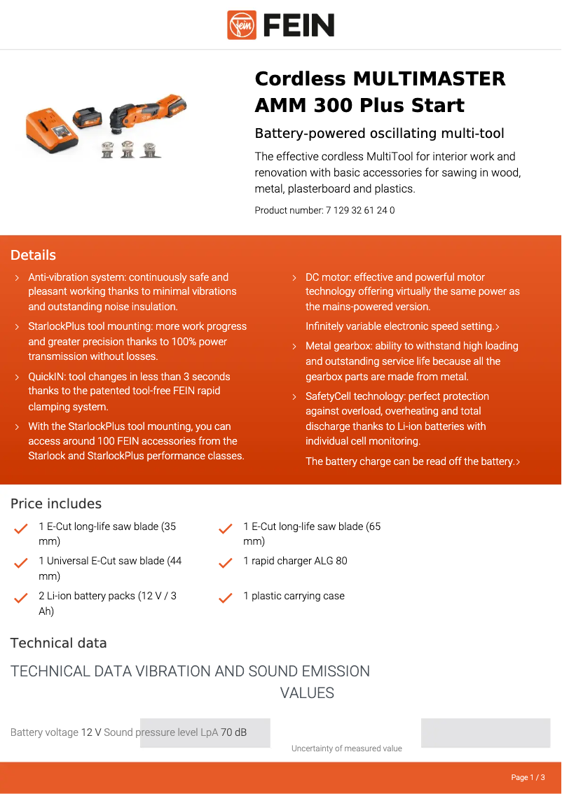 Page n°1 - Fiche technique Fein Multimaster AMM 300 Plus Start