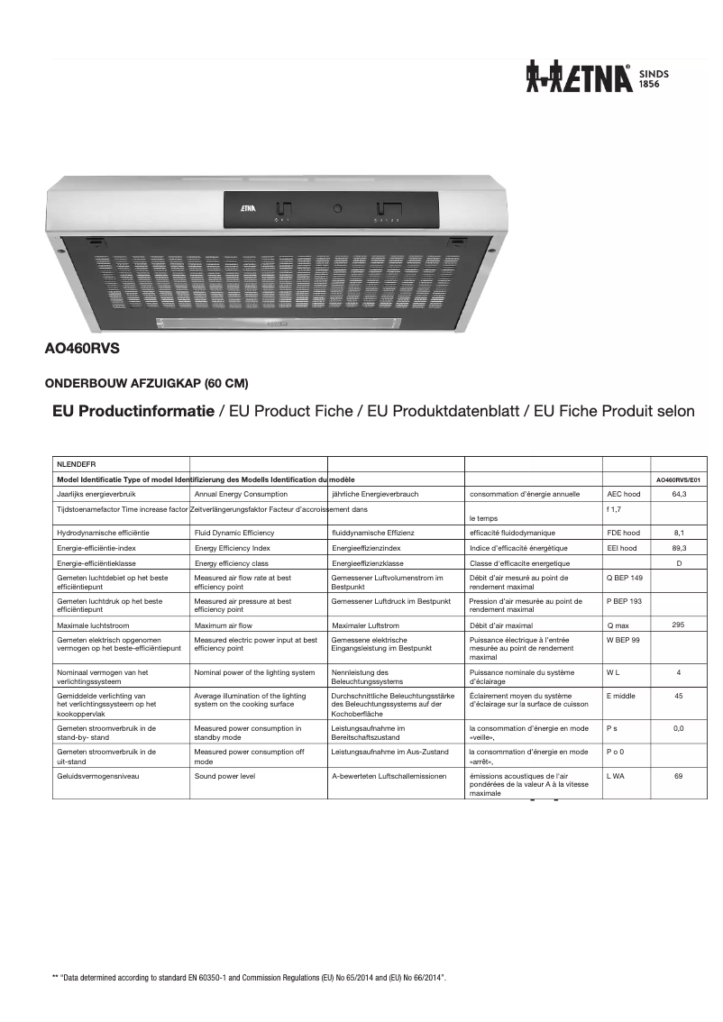 Page 1 de la notice Fiche technique Etna AO460RVS