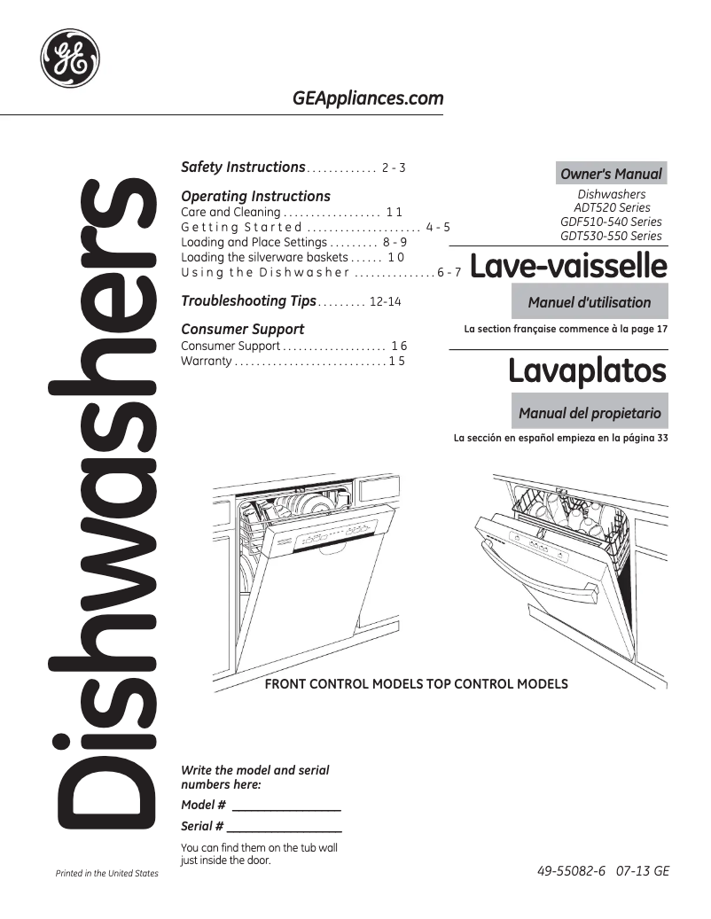 Page 1 de la notice Manuel d'utilisation et d'entretien GE GDF520PSDSS