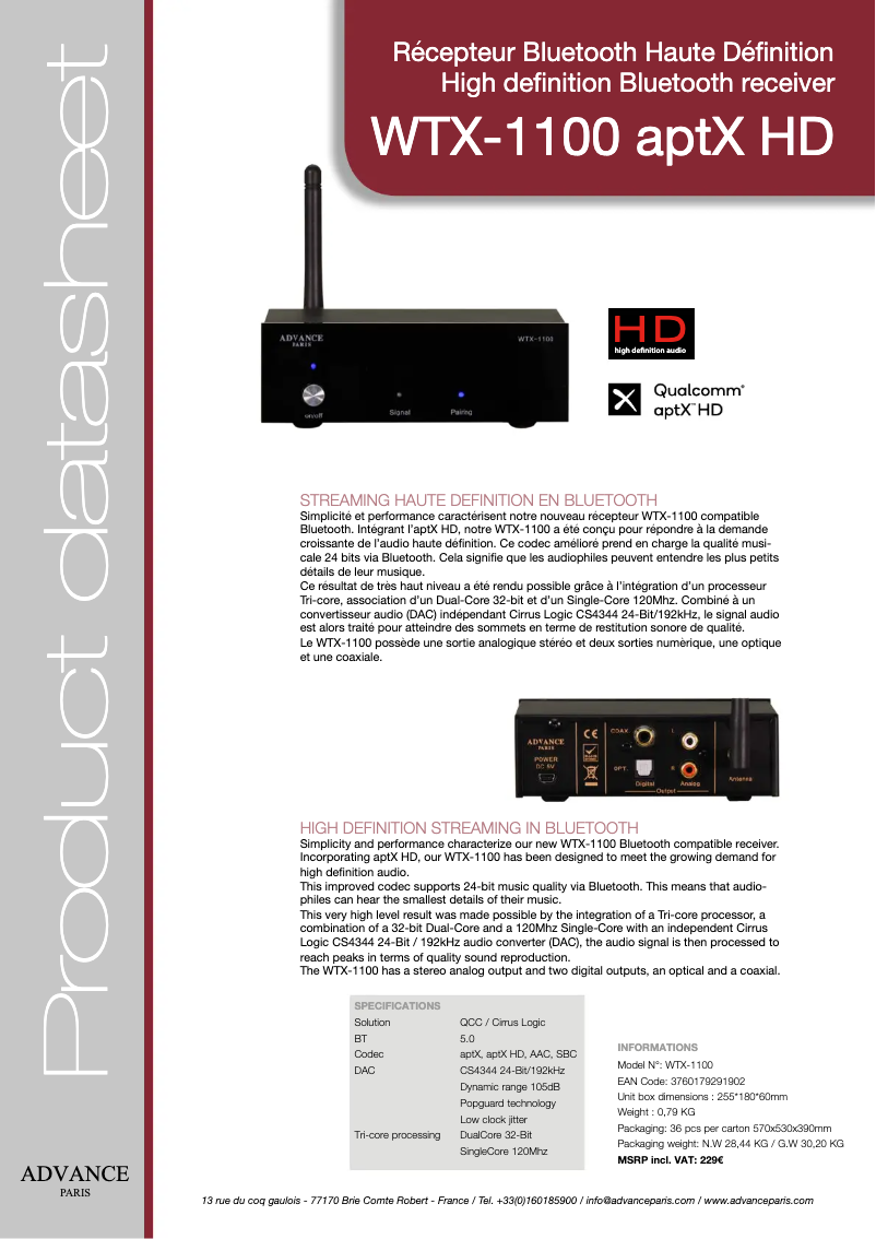 Page n°1 - Fiche technique Advance WTX-1100