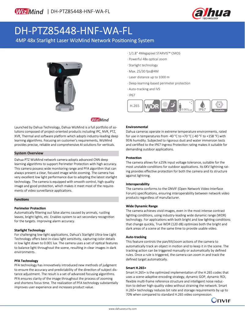 Page 1 de la notice Fiche technique Dahua Technology PTZ85448-HNF-WA-FL