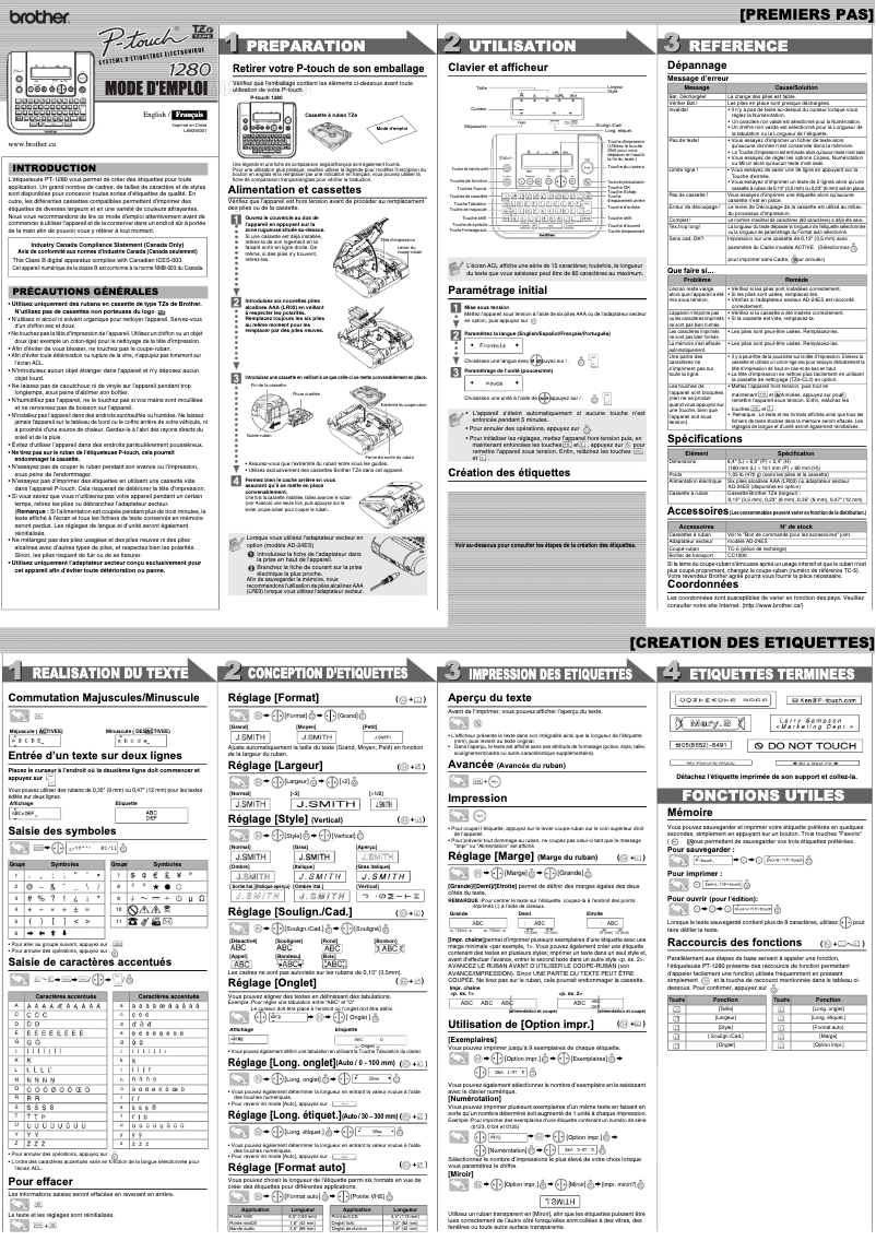 Page n°1 - Manuel utilisateur Brother P-touch PT-1280