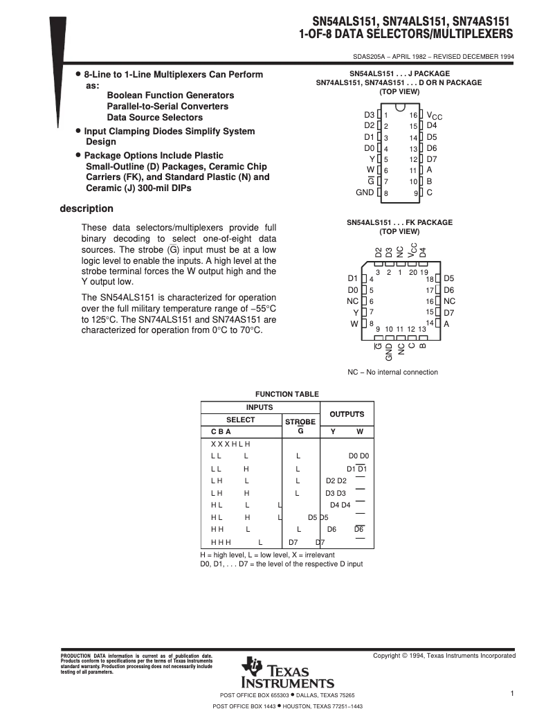 Page 1 de la notice Manuel utilisateur Texas Instruments SN74ALS151N