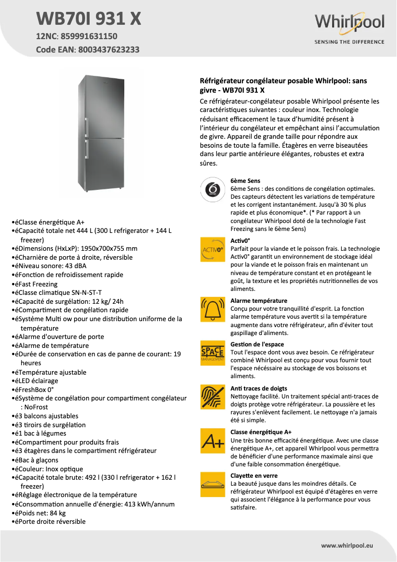 Page n°1 - Fiche technique Whirlpool WB70I 931 X