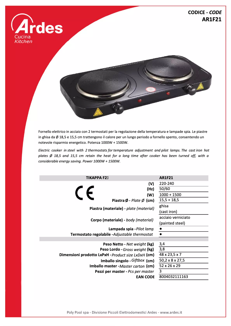 Page 1 de la notice Fiche technique Ardes AR1F21