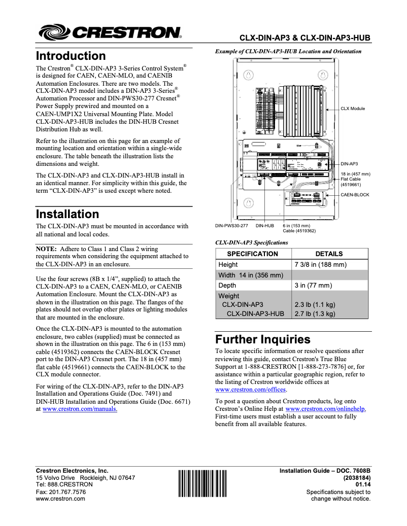 Page n°1 - Manuel utilisateur Crestron CLX-DIN-AP3
