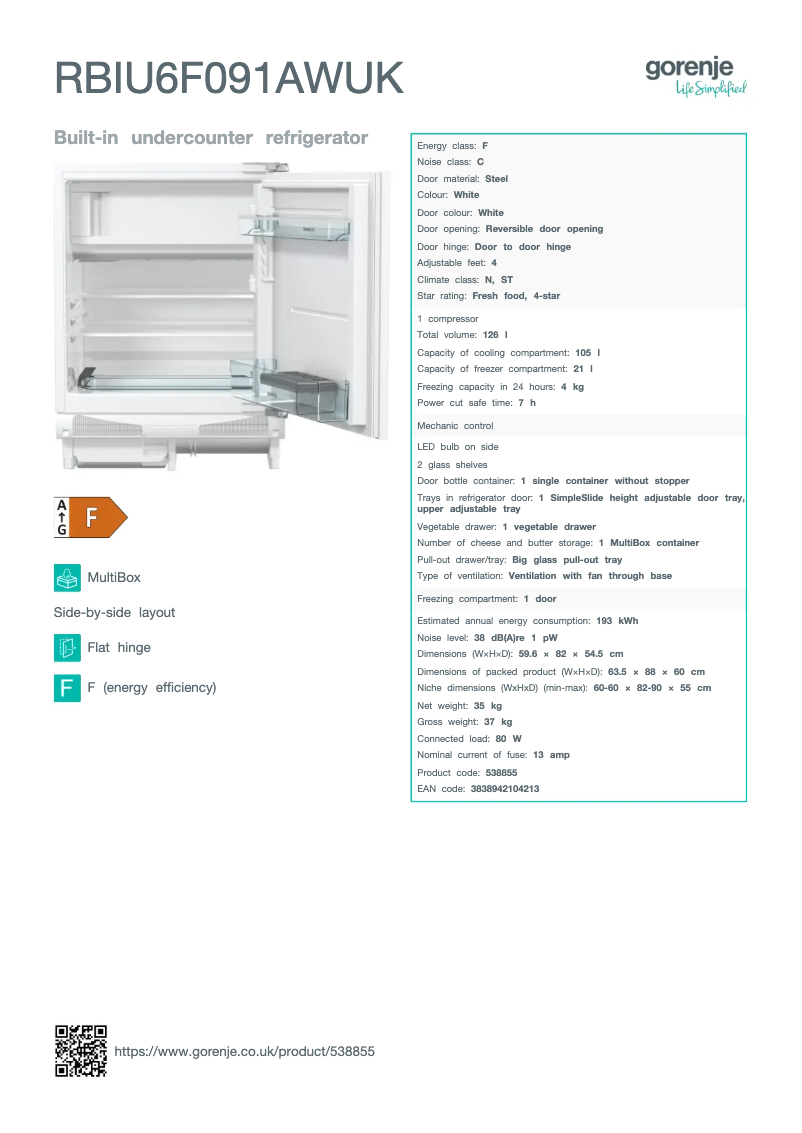 Page n°1 - Fiche technique Gorenje RBIU6F091AWUK