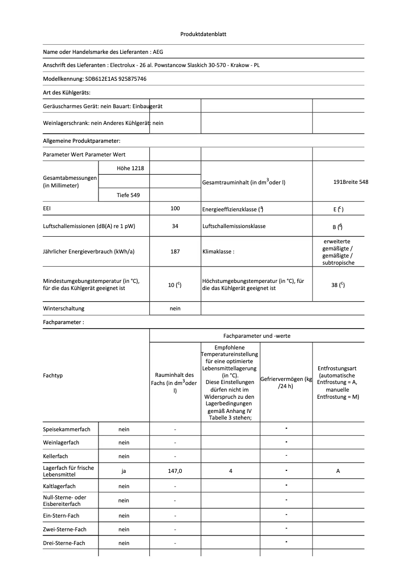 Page n°1 - Fiche technique AEG SDB612E1AS
