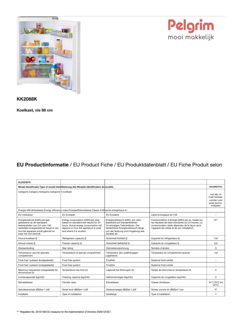 Page 1 de la notice Fiche technique Pelgrim KK2088K