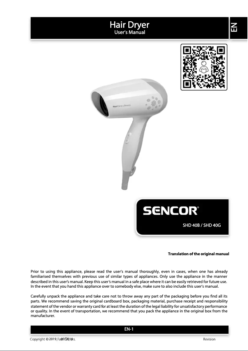 Page 1 de la notice Manuel utilisateur Sencor SHD 40G