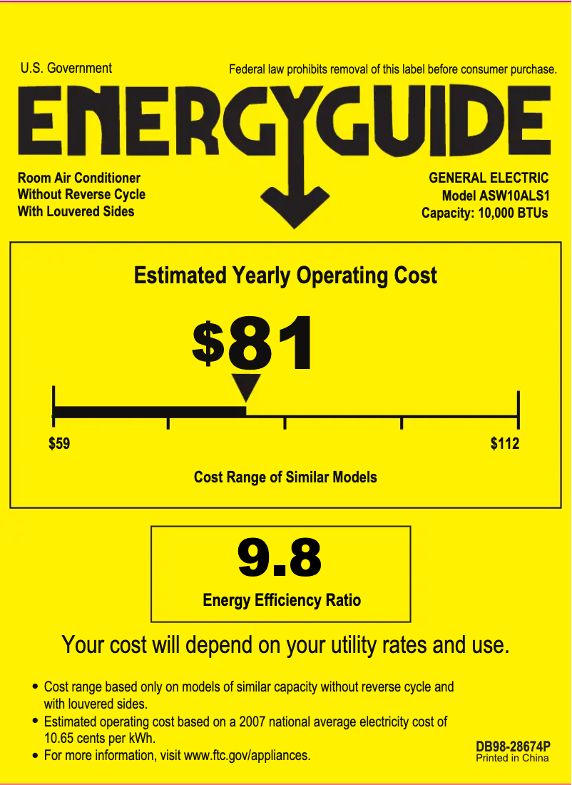 Página 1 del manual Etiqueta energética GE ASW10AL
