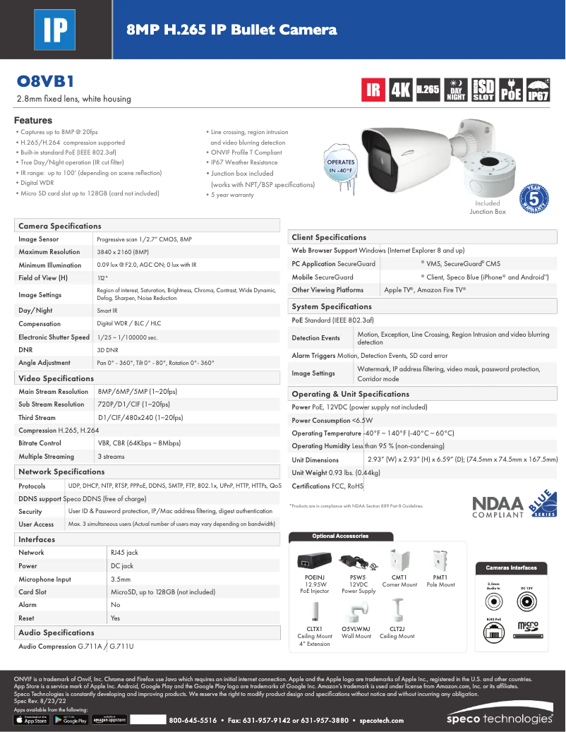 Page 1 de la notice Fiche technique Speco Technologies O8VB1