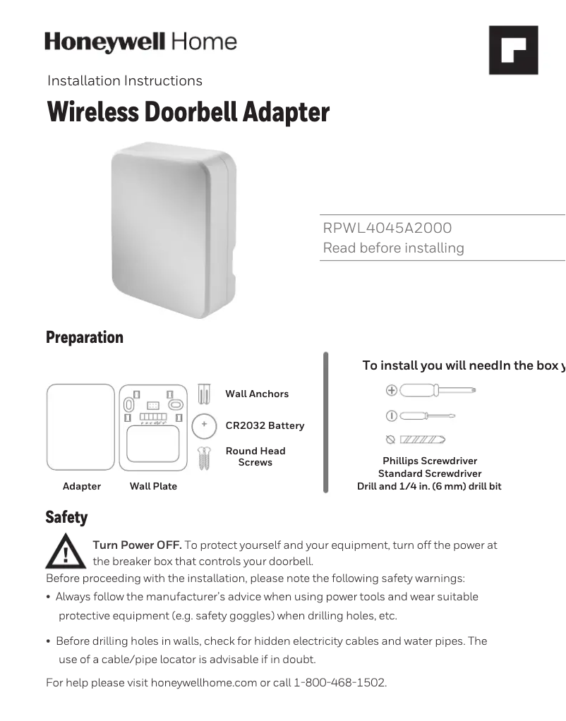 Página 1 del manual Guía de instalación Honeywell RPWL4045A2000