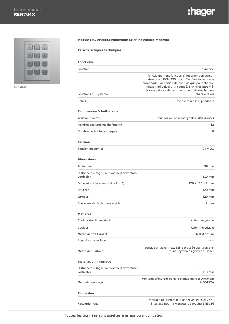 Page 1 de la notice Fiche technique Elcom REN704X