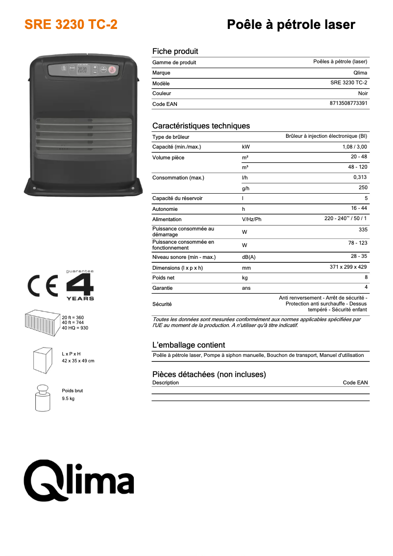 Page 1 de la notice Fiche technique Qlima SRE3230TC-2