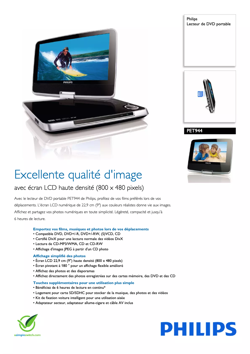 Page 1 de la notice Fiche technique Philips PET944