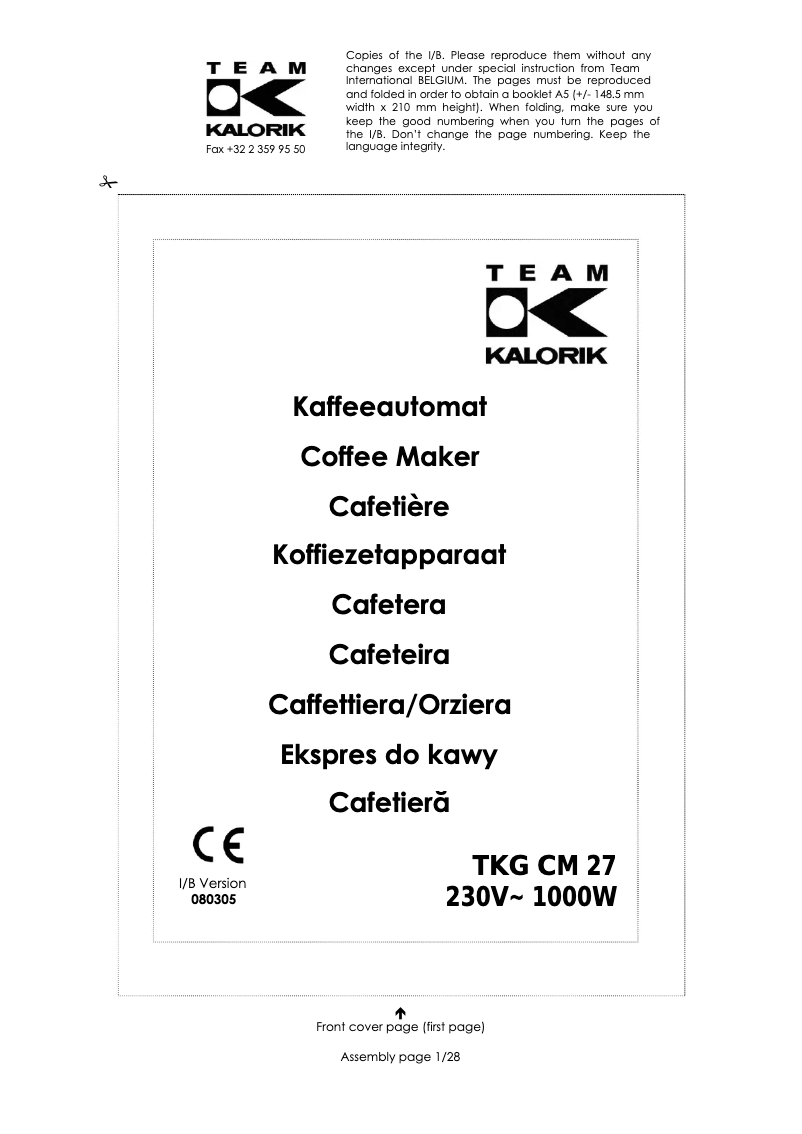 Page n°1 - Manuel utilisateur Kalorik TKG CM 27