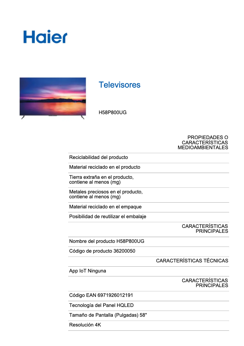 Page 1 de la notice Manuel utilisateur Haier H58P800UG