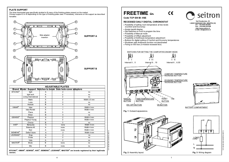 Page n°1 - Manuel utilisateur Seitron TCP ID0 BI-0SE Freetime