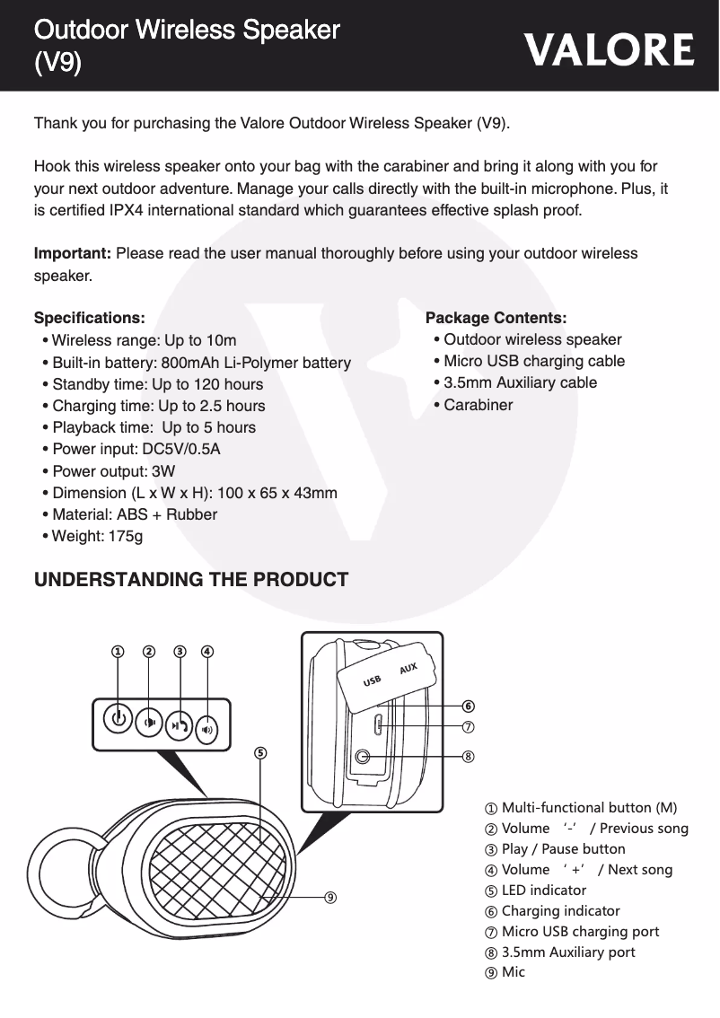 Page 1 de la notice Manuel utilisateur Valore V9