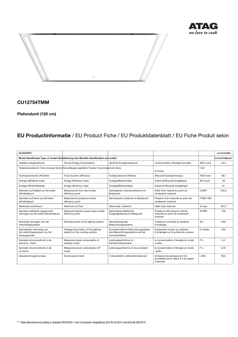 Page 1 de la notice Fiche technique Atag CU12754TMM