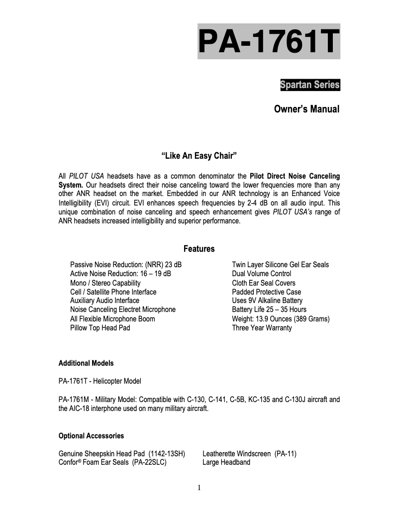 Page n°1 - Manuel utilisateur Pilot PA-1761TH