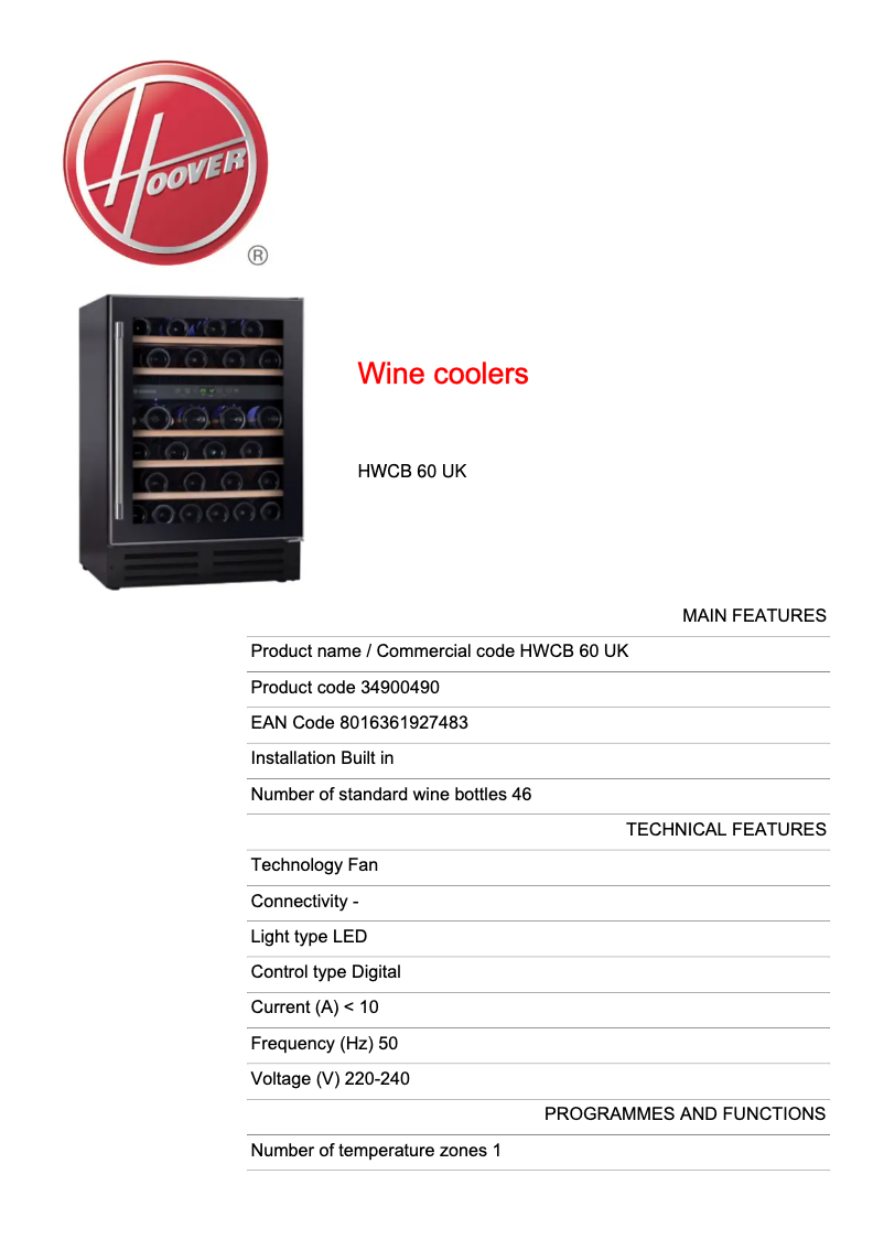 Page n°1 - Fiche technique Hoover HWCB 60 UK