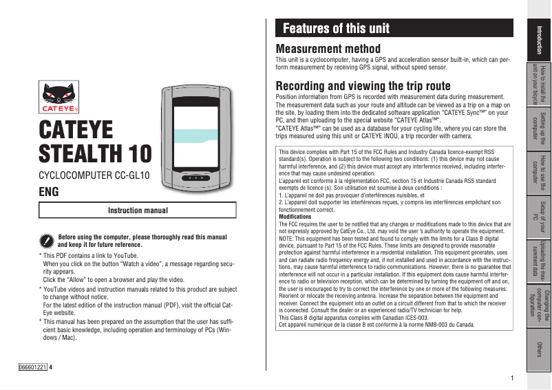 Page 1 de la notice Manuel utilisateur Cateye Stealth 10 CC-GL10