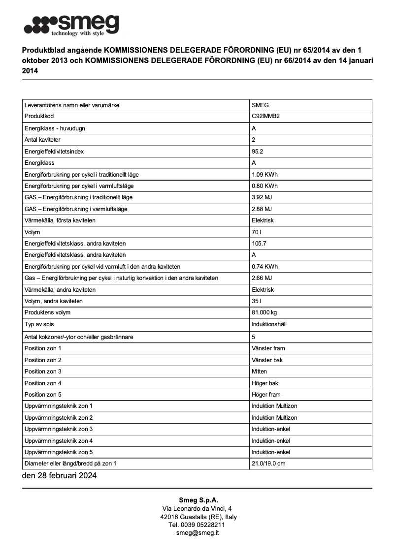 Page n°1 - Fiche technique Smeg C92IMMB2