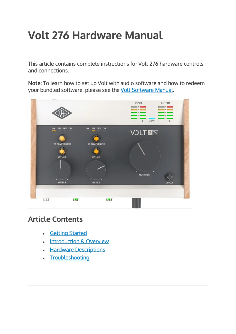 Page 1 de la notice Manuel utilisateur Universal Audio Volt 276