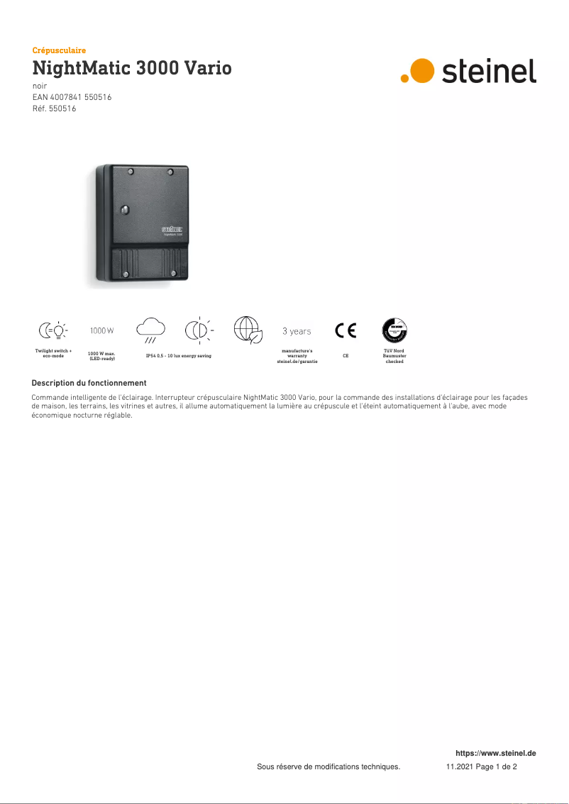 Page n°1 - Fiche technique Steinel NightMatic 3000 Vario