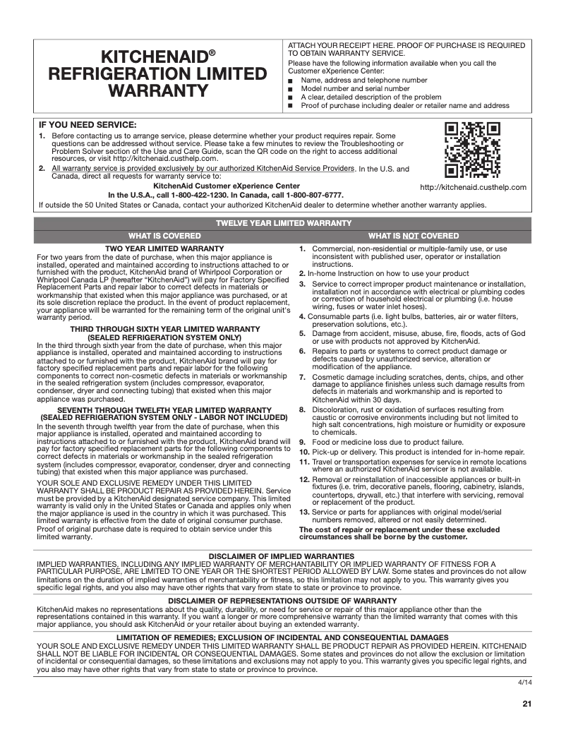 Página 1 del manual Información de garantía KitchenAid KBSD602ESS