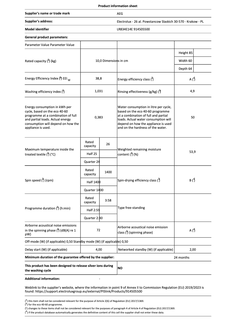 Página 1 del manual Ficha técnica AEG LR834E14E