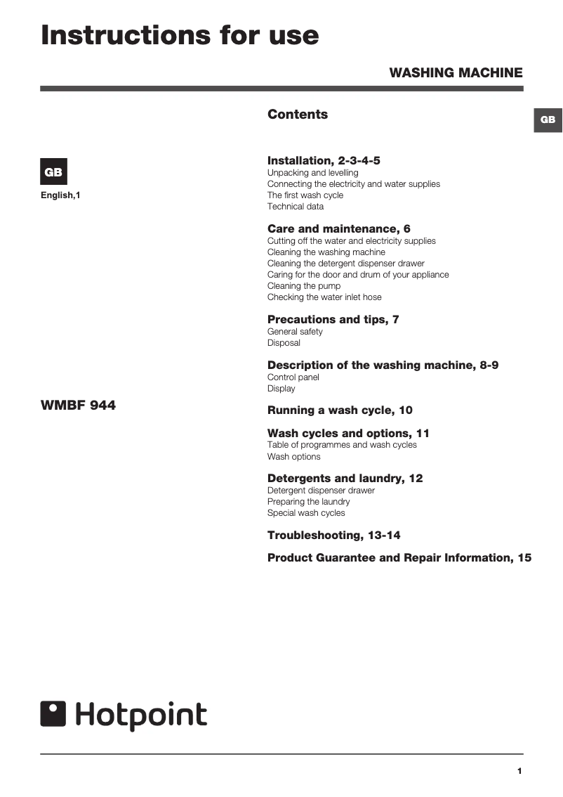 Image de la première page du manuel de l'appareil WMBF 944